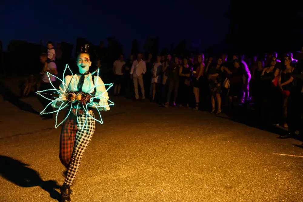 Performeuse costumée avec un accessoire lumineux en forme de fleur lors d’un show nocturne en extérieur devant un public captivé